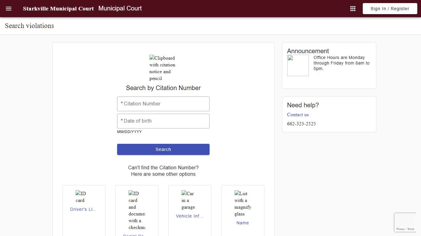 Search - Search violations - Municipal Court - Starkville Municipal Court - Municipal Online Services